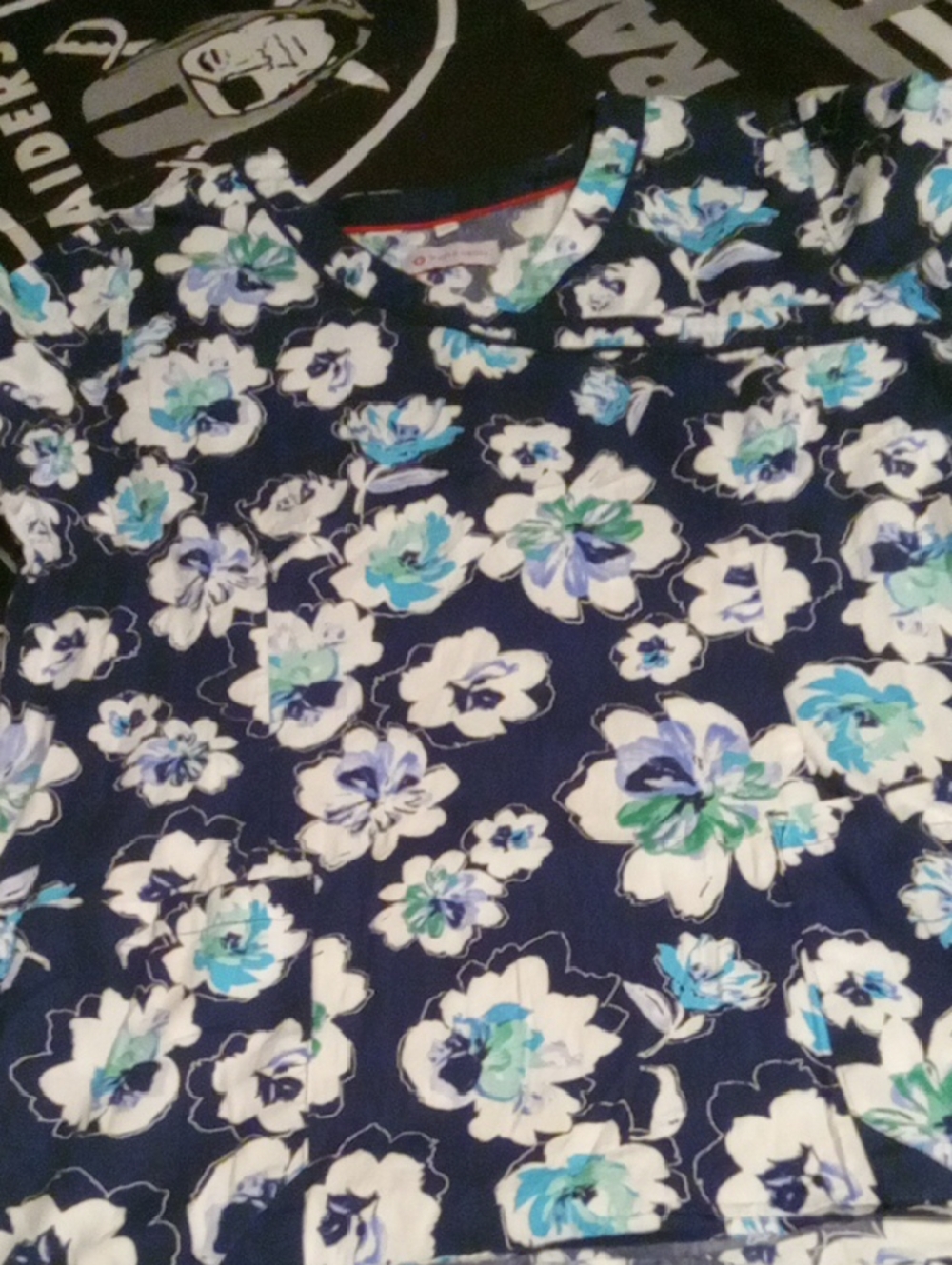 Scrub Top Size Large Brand White  Floral Print Blouse with Blue and White Cross
